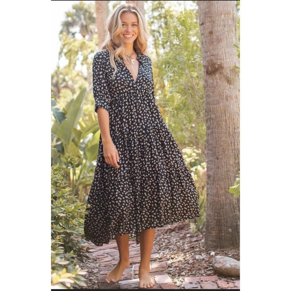 Natural Life Rebecca Midi Dress Black Cream Roses Floral Tiered High Low S